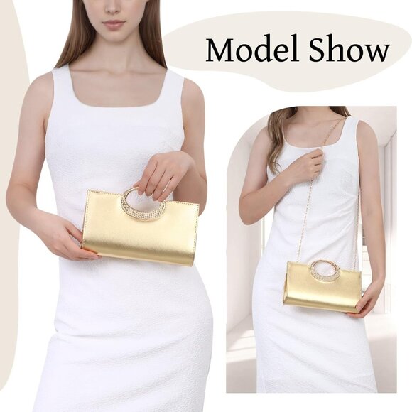 Gold PU Leather Clutch Purse for Women Evening Bag with Detachable Chain and Rhi - Picture 5 of 6
